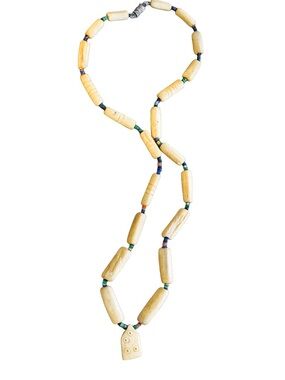Source Unknown Cream Bone Bead Necklace with Green, Blue, and Red Accents